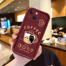 Ucuc iPhone 15 Uyumlu Anti-Çarpma Kamerası Koruma Kedi Desen Burgundy Silikon Kılıf