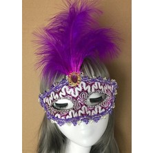 MiraLive Mor Dantel Işlemeli Mor Tüylü Balo Parti Maskesi