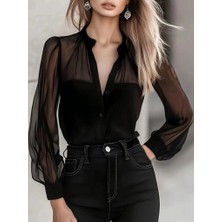 Arona Mdb Kadın Uzun Kollu Hakim Yakalı Önden Düğmeli Tül Detaylı Trikoton Gömlek