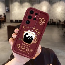 Ucuc Samsung Galaxy S25 Ultra Uyumlu Anti-Çarpma Kamerası Koruma Kedi Desen Burgundy Silikon Kılıf