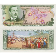 Banknoting Kosta Rika 5 Kolon 1990 Tablo Güzelliğinde Para. Çil Kondisyon.