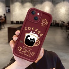 Ucuc iPhone 14 Plus Uyumlu Anti-Çarpma Kamerası Koruma Kedi Desen Burgundy Silikon Kılıf