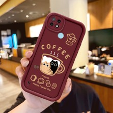 Ucuc Realme C21 Uyumlu Anti-Çarpma Kamerası Koruma Kedi Desen Burgundy Silikon Kılıf