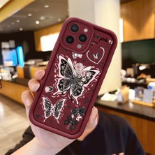 Ucuc iPhone 15 Pro Max Uyumlu Anti-Çarpma Kamerası Koruma Sevgi Kelebek Desen Burgundy Silikon Kılıf