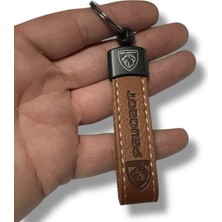 Stilix Garage Peugeot Yazılı ve Logolu Anahtarlık Kahverengi Suni Deri 1 Adet