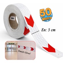Badem10 Yapışkanlı 5 cm ( 50 Metre )  Kırmızı Beyaz Petekli Ok Yönlendirme Reflektörlü Reflektif Şerit Bant