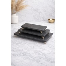 Lüks 3'lü Siyah Mermer Sunum Tepsisi Seti - Gümüş Ayaklı Dikdörtgen Sunumluk
