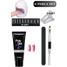 Uni Zer 6 Parça Evde Tırnak Uzatma Poly Gel Seti Protez Tırnak Yapma Mini Uv LED Uygulama Seti Soft Pembe