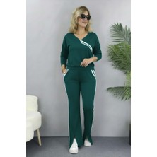 Arben Boutique Kadın Uzun Kollu V Yakalı Şerit Detaylı Viskon Iki Iplik Bluz ve Pantolon Ikili Takım