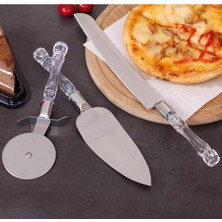  3 parça paslanmaz çelik servis seti | pizza kesici, dişli bıçak ve servis spatulası