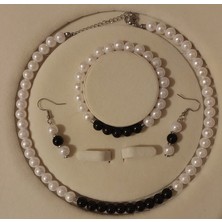 Aytens Takı Siyah&beyaz Inci Set, A Kalite Boncuk Inci Paslanmaz Çelik Kolye, Bileklik ve Küpe Takımı