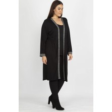 Şans Kadın Siyah Uzun Hırka Sim Detaylı %95 Viskon %5 Elastan Şık Tasarım