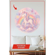 KOSS Dijital Pastel Unicorn Yuvarlak Sticker Gökkuşağı ve Bulutlar Arasında Sihirli Masalsı Çocuk Odası Dekoru