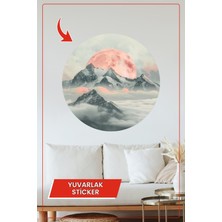 KOSS Dijital Pembe Ay ve Dağ Manzarası Yuvarlak Minimalist Modern Sanatsal Duvar Dekor Stickerı