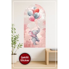 KOSS Dijital Oval Şekilli Sevimli Fil Figürü Renkli Balonlu Pembe Sulu Boya Arka Planlı Duvar Sticker