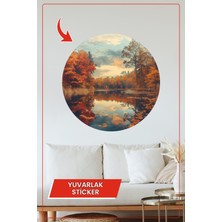 KOSS Dijital Sonbahar Renklerinde Orman ve Göl Manzaralı Yuvarlak Sticker Dekoratif Ev Ofis Duvar Süsü