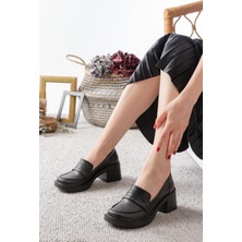 Asmi Shoes Kadın Melina Siyah Cilt 6 Cm Topuklu Loafer Ayakkabı  Siyah