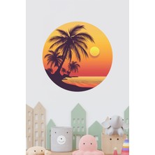 KOSS Dijital Tropikal Gün Batımı Yuvarlak Sticker Palmiye Ağaçlı Sahil Manzara Dekoratif Çıkartma Ev Ofis