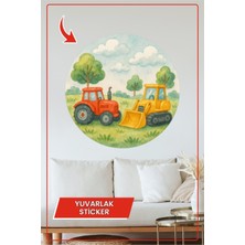 KOSS Dijital Traktör ve Kepçe Yuvarlak Sticker Tarla ve Ağaçlarla Renkli Iş Makinesi Temalı Çocuk Odası Dekoru