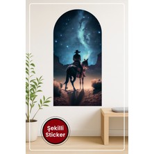 KOSS Dijital Oval Şekilli Yıldızlı Gece Sticker Kovboy ve At Silüeti Temalı Dekoratif Duvar Manzara