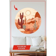 KOSS Dijital Kaktüs ve Çöl Manzaralı Yuvarlak Sticker Boho Tarz Turuncu Bej Tonlarda Dekoratif Ev Ofis Çıkartma