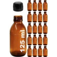 Afracam 125 ml Yuvarlak Ecza Şurup Şişesi Kilitli Siyah Kapaklı 125 cc Amber Kahverengi Cam Şişe 20 Adet