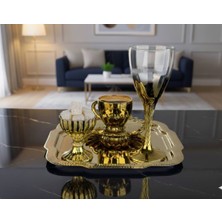 Rova Tr Altın Detaylı Cam Bardak, Kahve Fincanı, Lokumluk ve Tepsiden Oluşan Lüks Sunum Seti.
