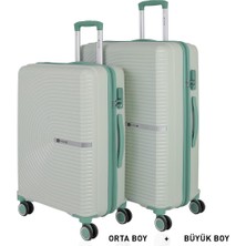 Mçs Bavul Büyük ve Orta 2li Set Kırılmaz Silikon Valiz V374 Kemik/suyeşili