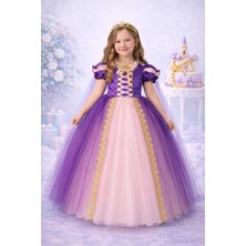 Kız Çocuk Elbise Taçlı Pelerinli Tarlatanlı Kostüm Kız Çocuk Prenses Kostümü Rapunzel Temalı Kostüm