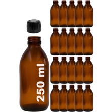 Afracam 250 ml Yuvarlak Ecza Şurup Şişesi Kilitli Siyah Kapaklı 250 cc Amber Kahverengi Cam Şişe 20 Adet