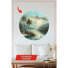 KOSS Dijital Tropikal Gün Batımı Palmiye Ağaçlı Yuvarlak Sticker Egzotik Manzara Duvar Dekoru