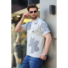 Madmext Boyalı Gri %100 Pamuklu Desenli Erkek Tişört E7142