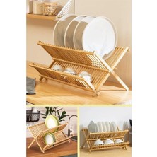 Dzc Kuzenler Avm Bambu Ahşap Bulaşıklık Tabaklık Büyük Boy 2 Katlı Katlanabilir Tabaklık (43 cm 34 cm )