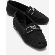 Ccway Kadın V Taşlı Tokalı Loafer Ayakkabı Siyah Süet