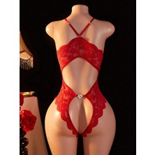 Albonishop Kırmızı Kasık Açık ve Sırtı Açık Babydoll Seksi Fantezi Gecelik