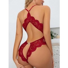 Albonishop Bordo Kasık Açık ve Sırtı Açık Babydoll Seksi Fantezi Gecelik