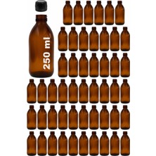 Afracam 250 ml Yuvarlak Ecza Şurup Şişesi Kilitli Siyah Kapaklı 250 cc Amber Kahverengi Cam Şişe 50 Adet