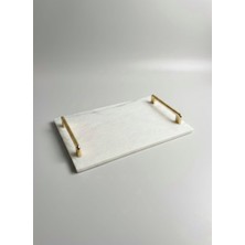 Lüks Beyaz Mermer Sunum Tepsisi Gold Metal Kulplu - Dekoratif Servis Tabağı 30X20 cm