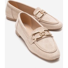Ccway Kadın V Taşlı Tokalı Loafer Ayakkabı Bej Süet