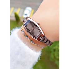 Weluxa Chocolate Renk Taşlı Kadın Kol Saati + Çelik Bileklik Hediyeli