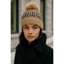 Yake Store  Kadın Bej Desenli Ponponlu Yünlü Bere BERE1144 - Camel