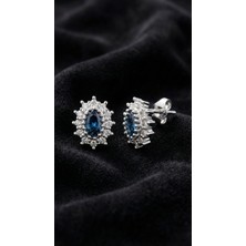 Erdobia Safir Taşlı Rodyum Oval Anturaj Minimal Çivili Gümüş Küpe