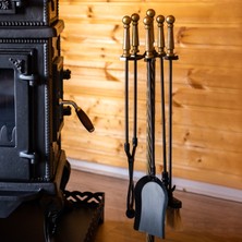 Samsun Soba Ural 5’li Lüx Soba ve Şömine Takımı - Kürek, Süpürge, Karıştırma Çubuğu ve Odun Maşası (Siyah-Antik Gold)