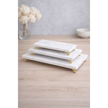 Lüks 3'lü Beyaz Mermer Sunum Tepsisi Seti - Gold Ayaklı Dikdörtgen Sunumluk