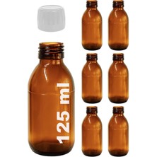 Afracam 125 ml Yuvarlak Ecza Şurup Şişesi Kilitli Beyaz Kapaklı 125 cc Amber Kahverengi Cam Şişe 6 Adet