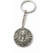 Herşey Nota Geyik Başlı Yaşam Ağacı Motifli Gümüş Renk Metal Unisex Anahtarlık
