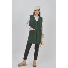 Fresh Moda Kadın Uzun Mevsimlik Triko Likralı Esnek Cepli Düğmeli Yelek