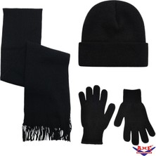 Axe Sportswear Erkek Siyah Kışlık Triko Örme Atkı Bere Eldiven 3'lü Set Scarf Beret Gloves