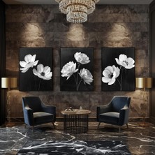 Aurora Glass Art Siyah Beyaz | En Şık Çiçek Kombini | Çerçeveli Temperli Kanvas Tablo 3lü Dikey
