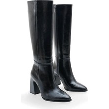 Kindep Demi Kalın Topuklu Fermuarlı Kadın Çizme Siyah